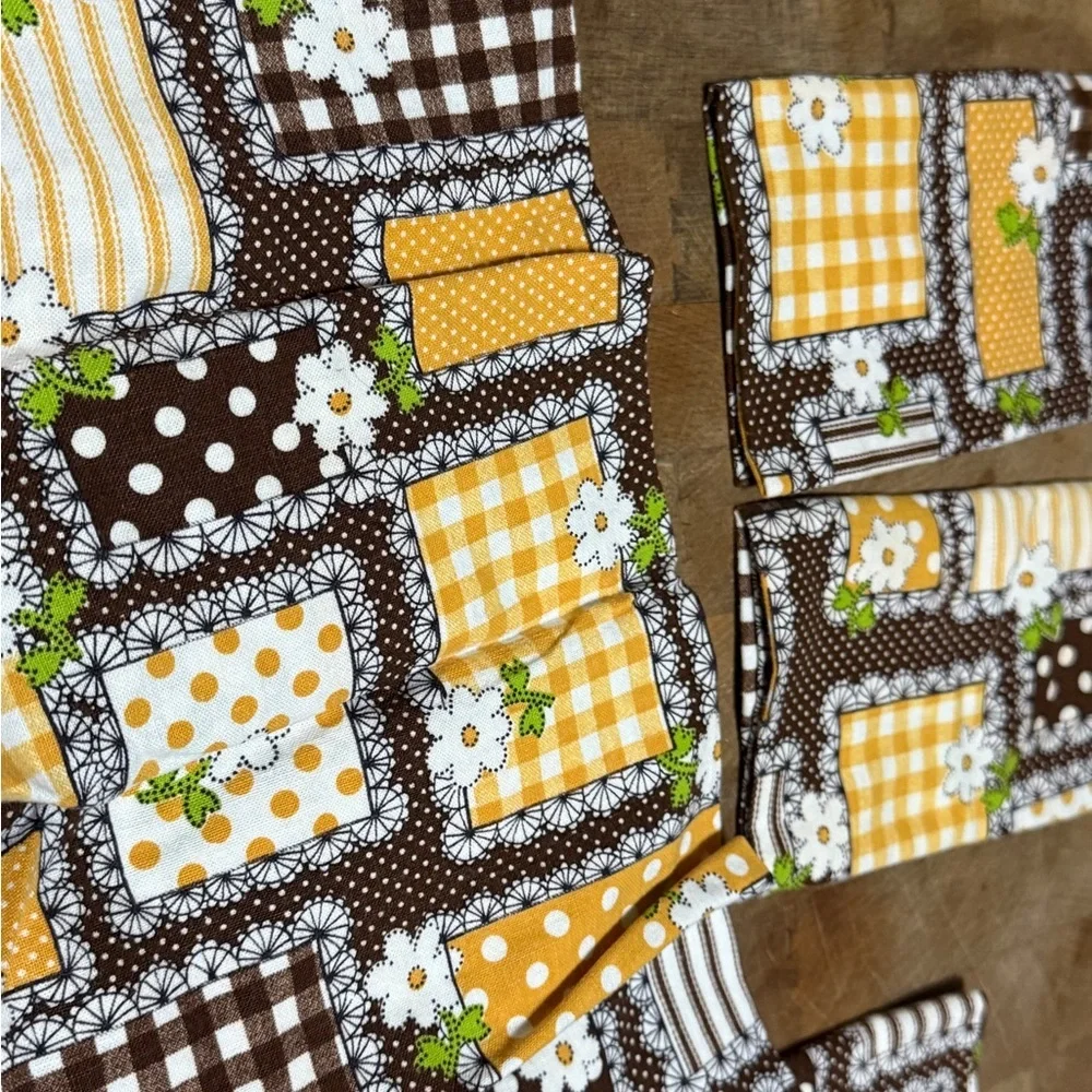 Vintage Brown and Yellow Floral Patchwork Napkins Set of 6